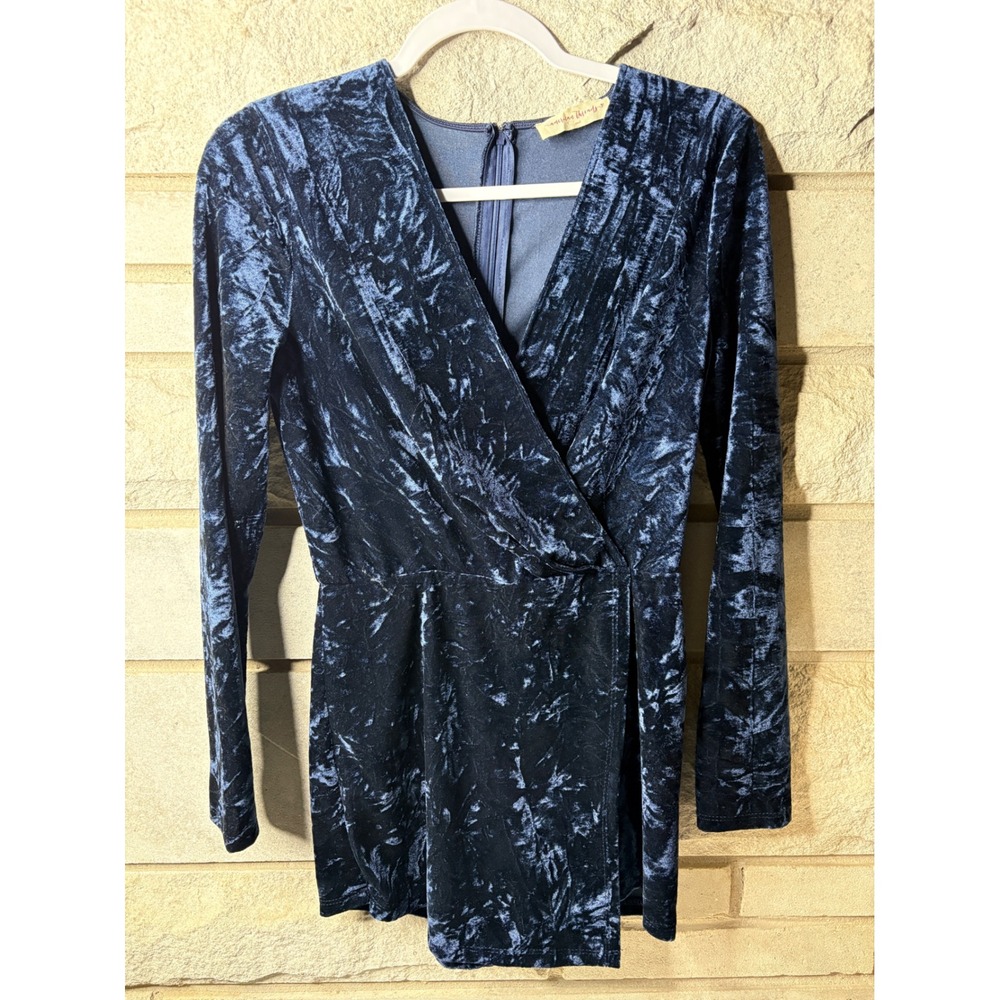 American Threads Navy Blue‎ Crushed Velvet Long Sleeve Romper Small V-Neck Wrap